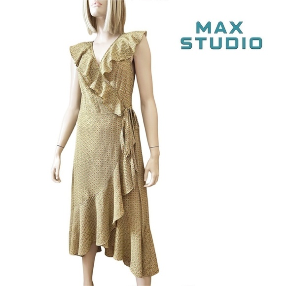 MAX STUDIO Ruffle Wrap Dress Midi Flutter Neckline Flowy Flounce Hem Hi-Low - Picture 1 of 16